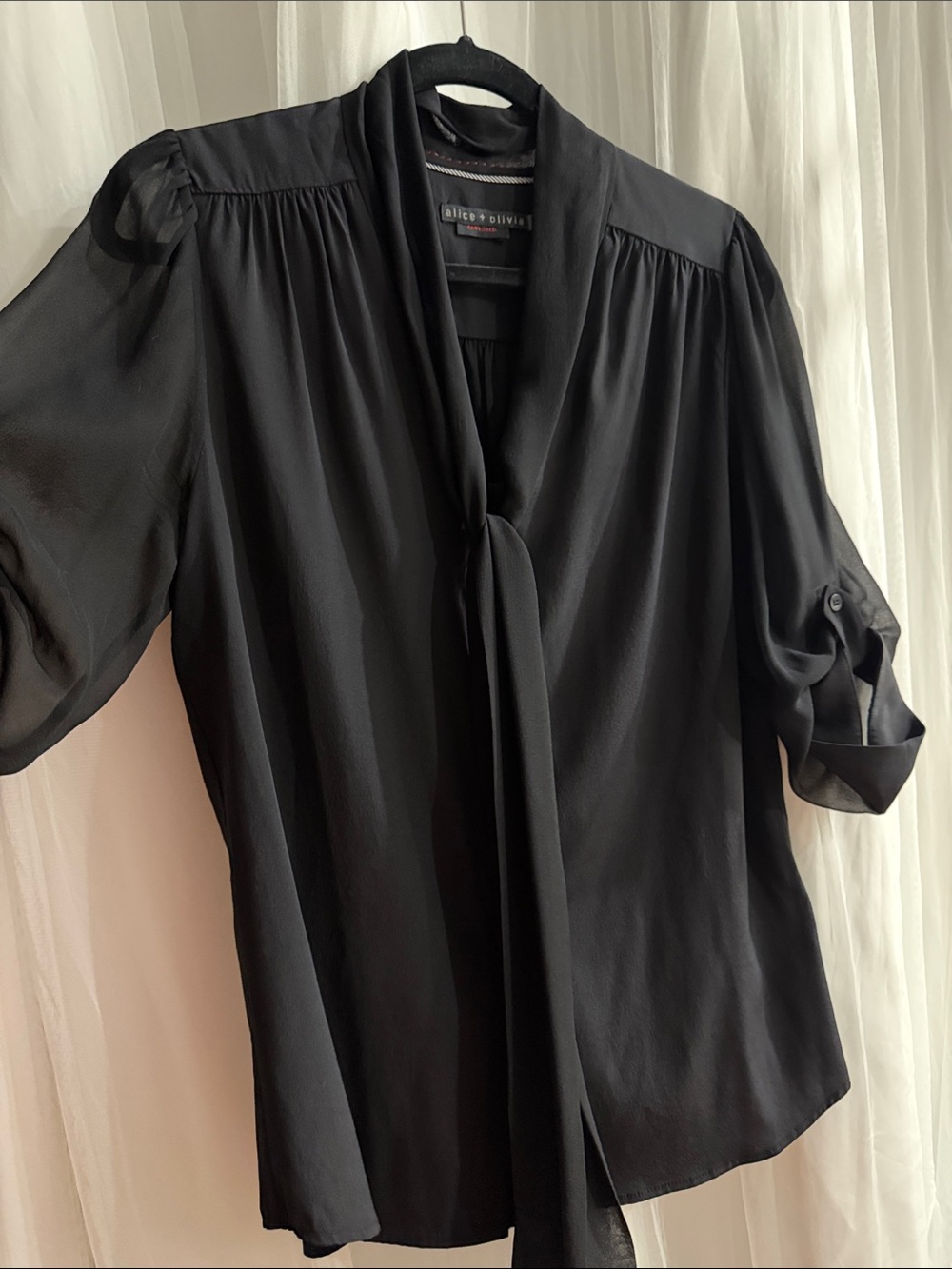 Alice + Olivia Black Sheer Tie-Neck Blouse